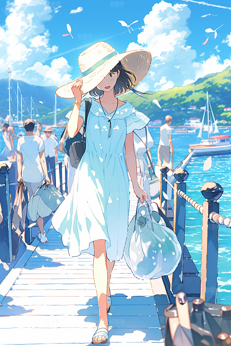 学生放暑假旅游出游插画
