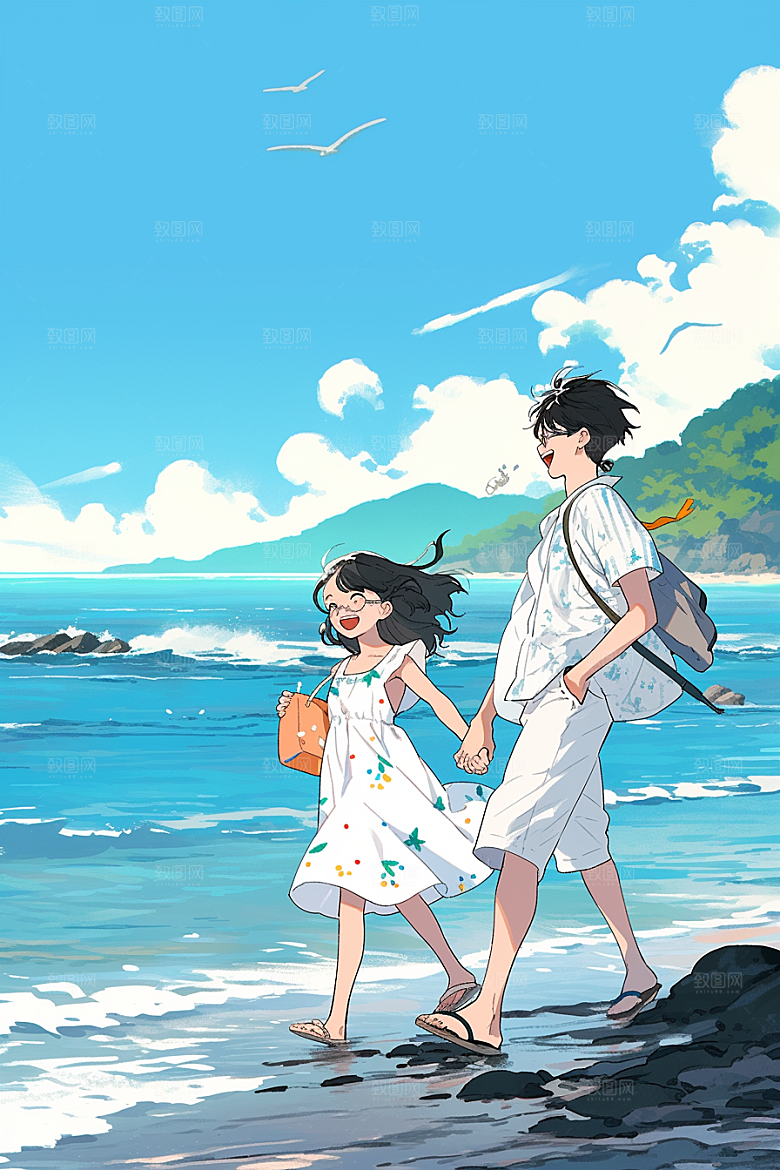 学生放暑假旅游漫画风插画