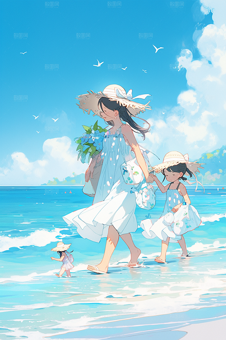 学生放暑假毕业旅游快乐插画