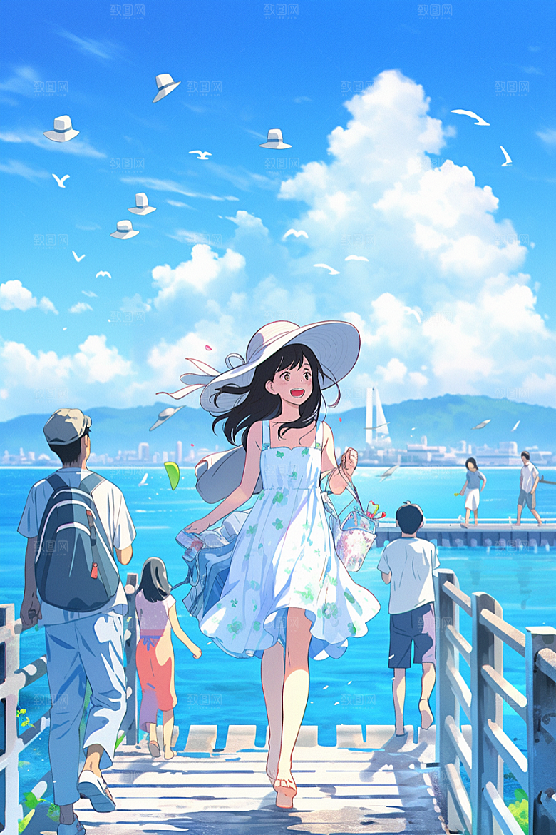 学生放暑假手绘旅游插画