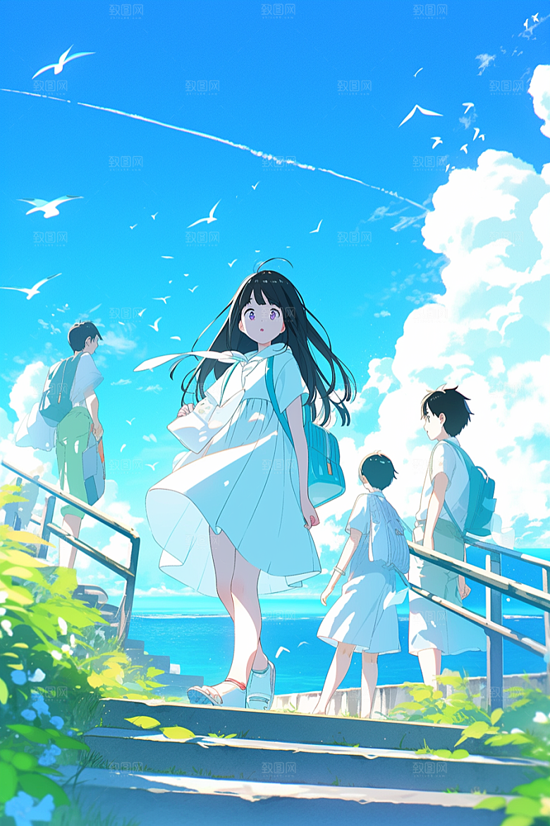 学生放暑假放假了毕业旅游插画