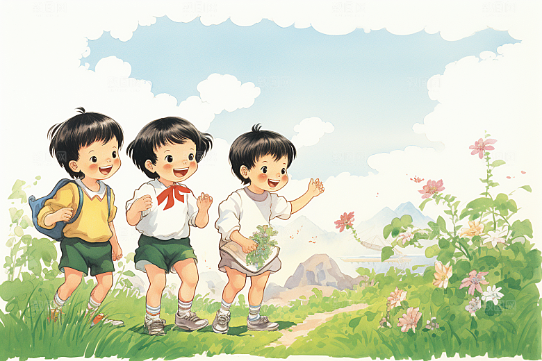 学生放暑假漫画风结伴插画