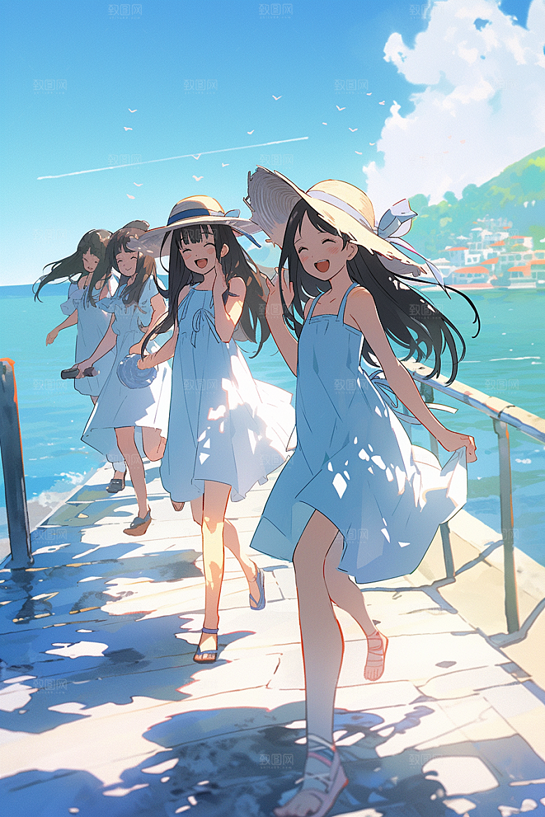学生放暑假毕业旅游出游插画