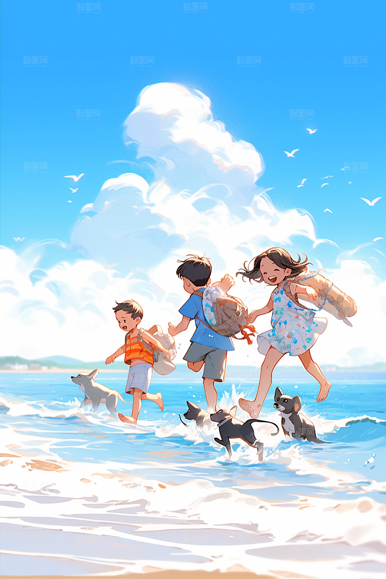 学生放暑假结业手绘插画