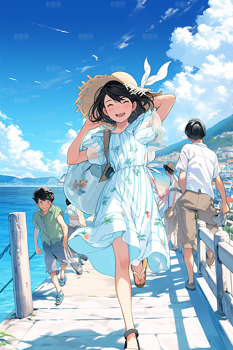 学生放暑假快乐旅游插画