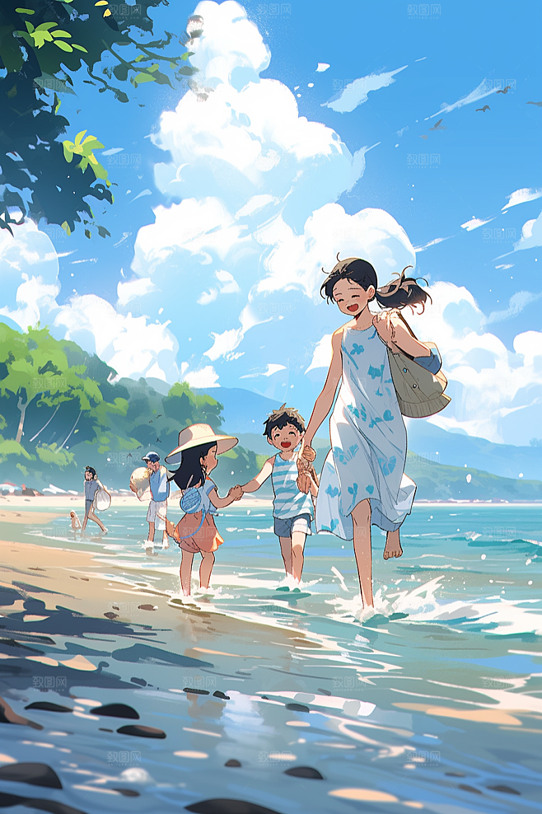 学生放暑假夏天旅游插画