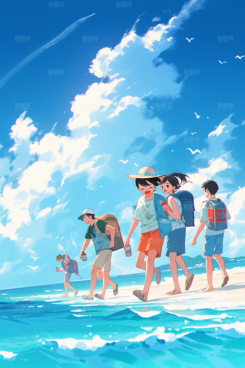 学生放暑假旅游放假了插画