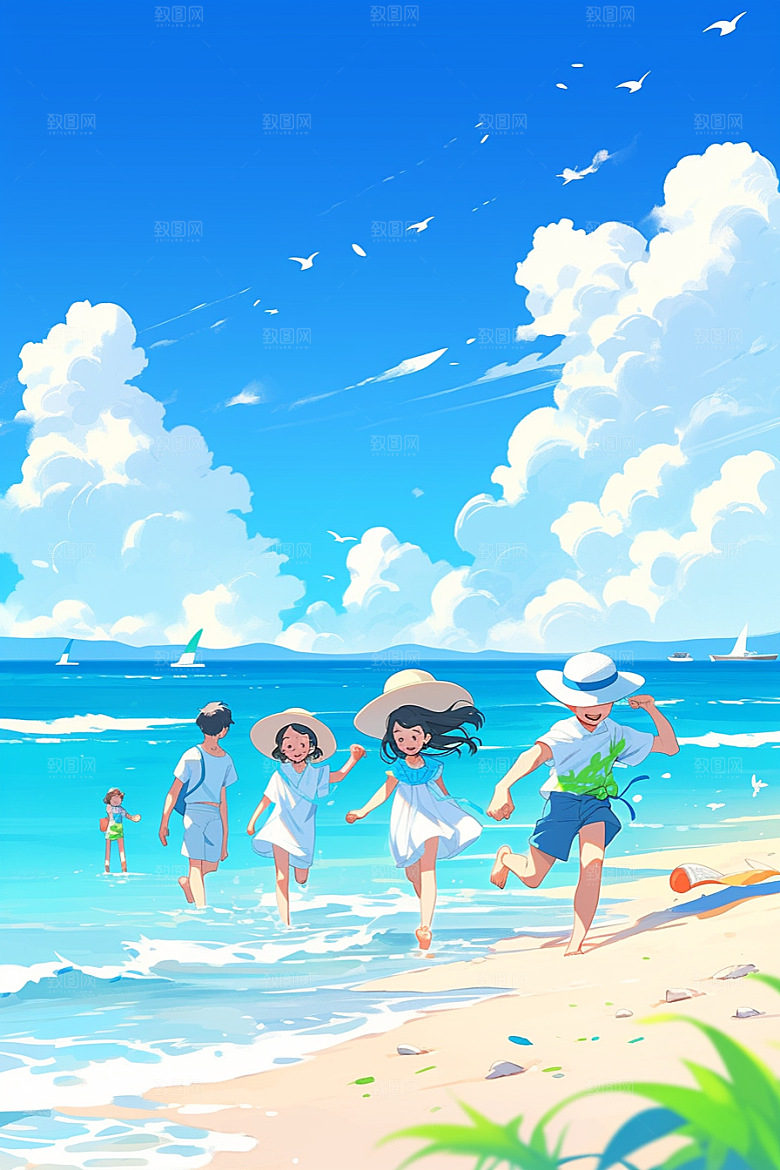 学生放暑假毕业旅游夏天插画