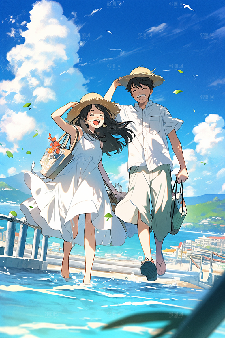 学生放暑假结伴夏天插画
