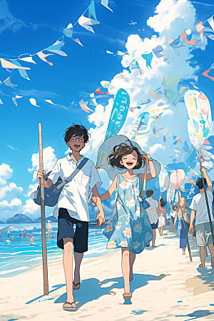学生放暑假手绘旅游插画