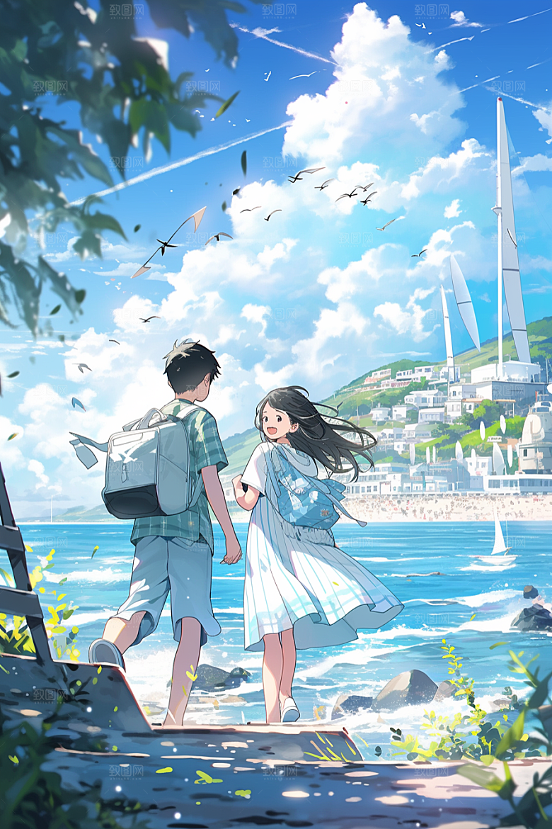 学生放暑假毕业旅游结业插画
