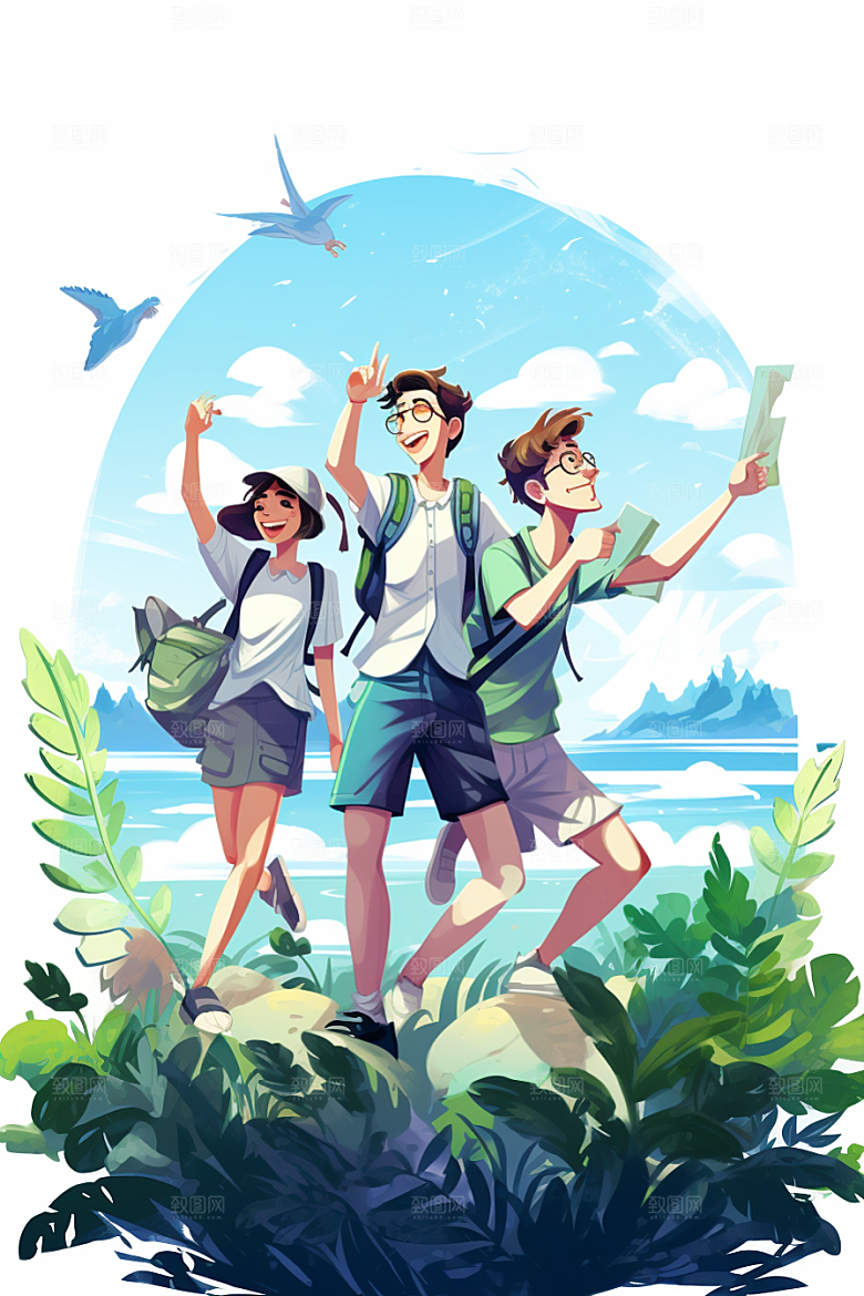 学生放暑假旅游出游插画