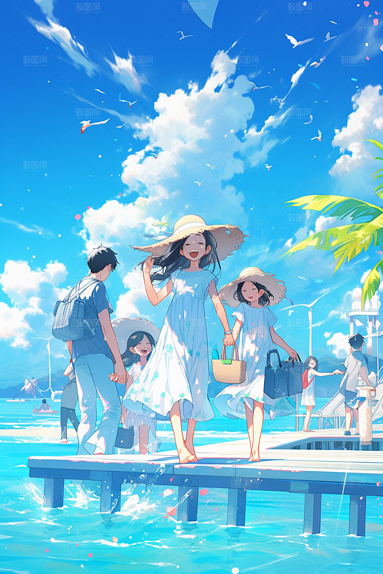 学生放暑假旅游放假了插画