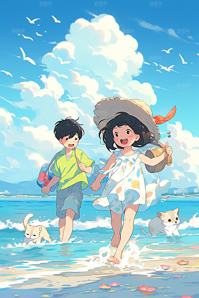 学生放暑假旅游漫画风插画