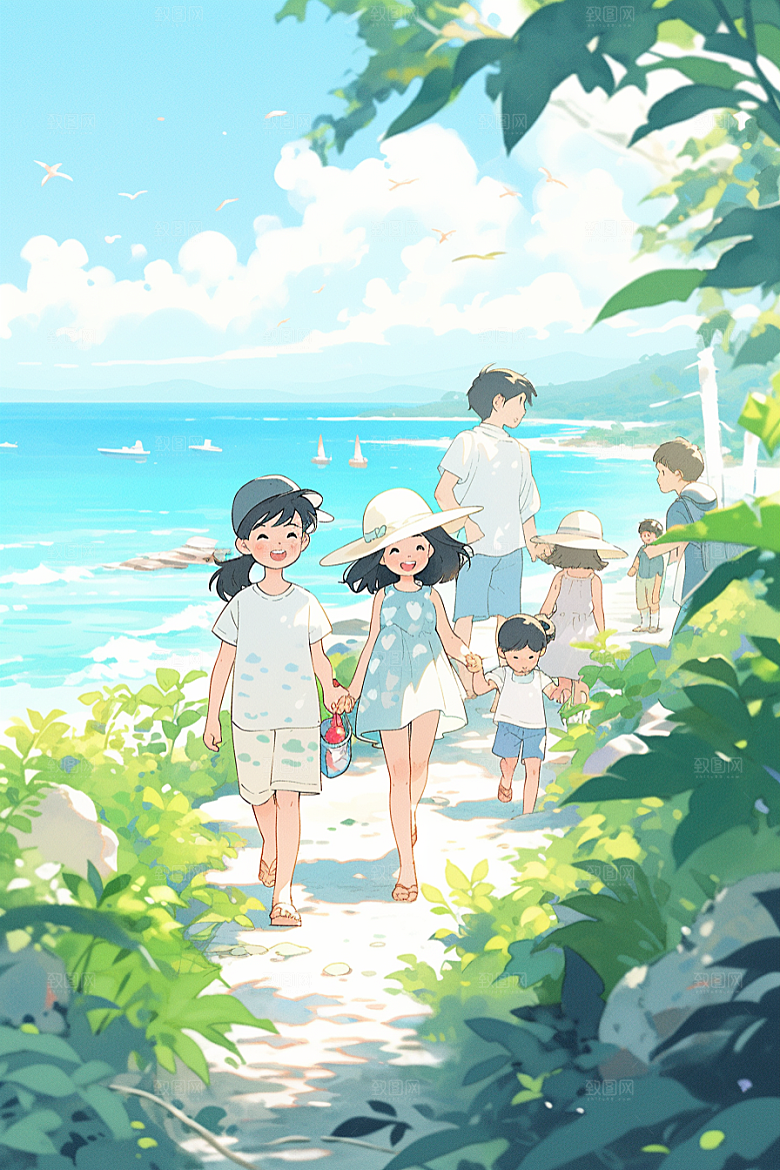 学生放暑假结业旅游插画