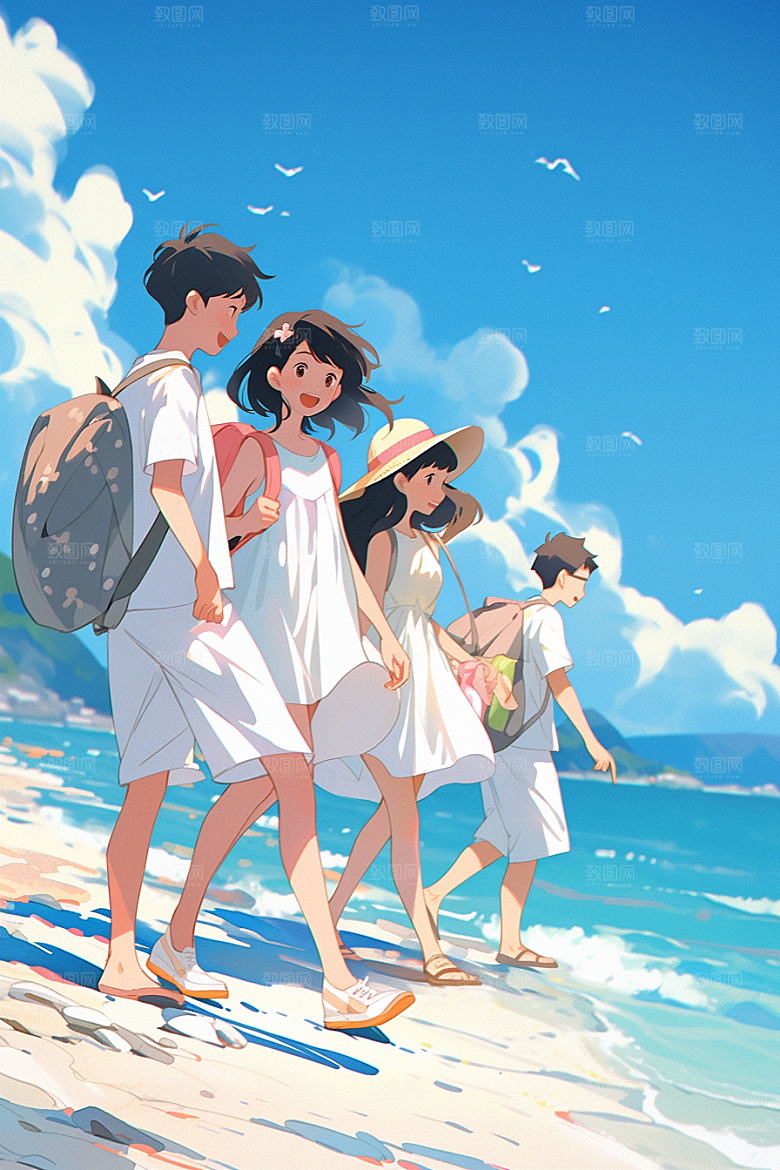 学生放暑假旅游漫画风插画