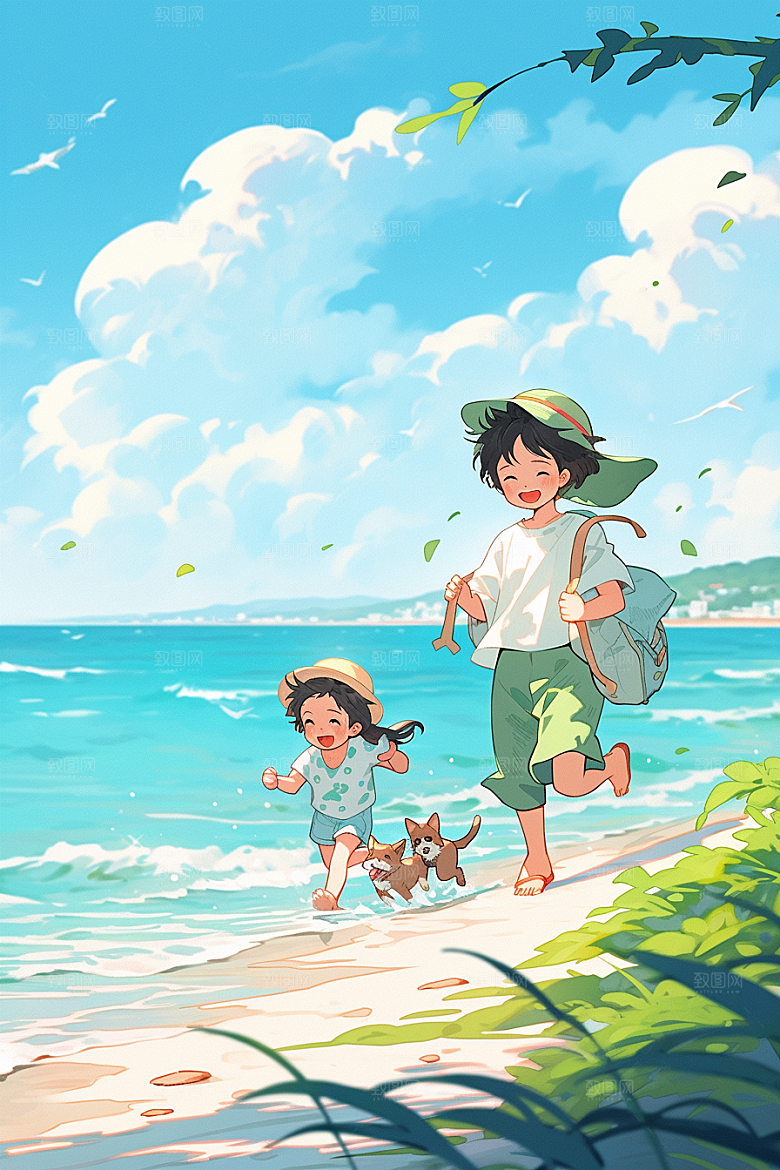 学生放暑假毕业旅游快乐插画