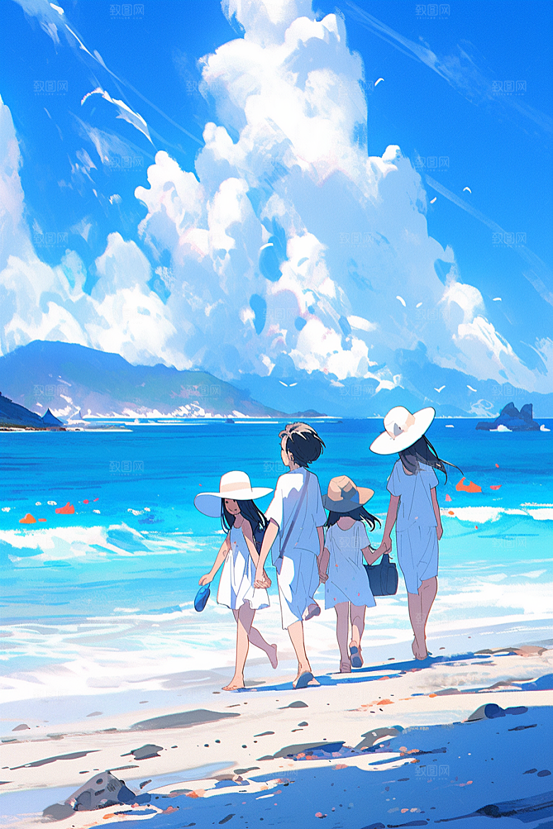 学生放暑假旅游结业插画