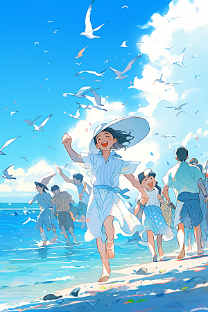 学生放暑假快乐手绘插画