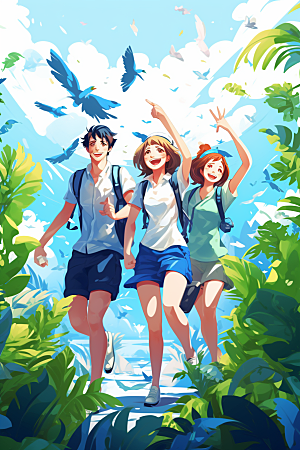学生放暑假漫画风旅游插画