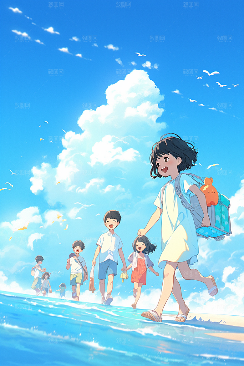 学生放暑假夏季旅游插画