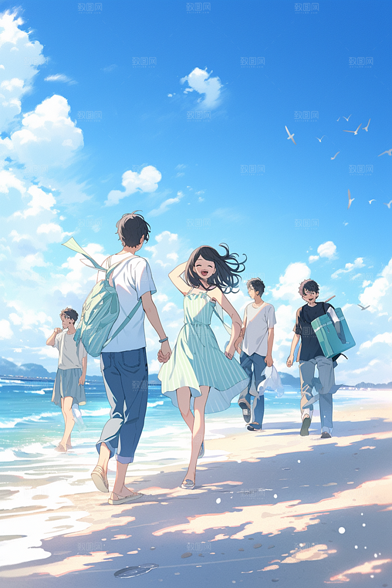 学生放暑假放假了结业插画