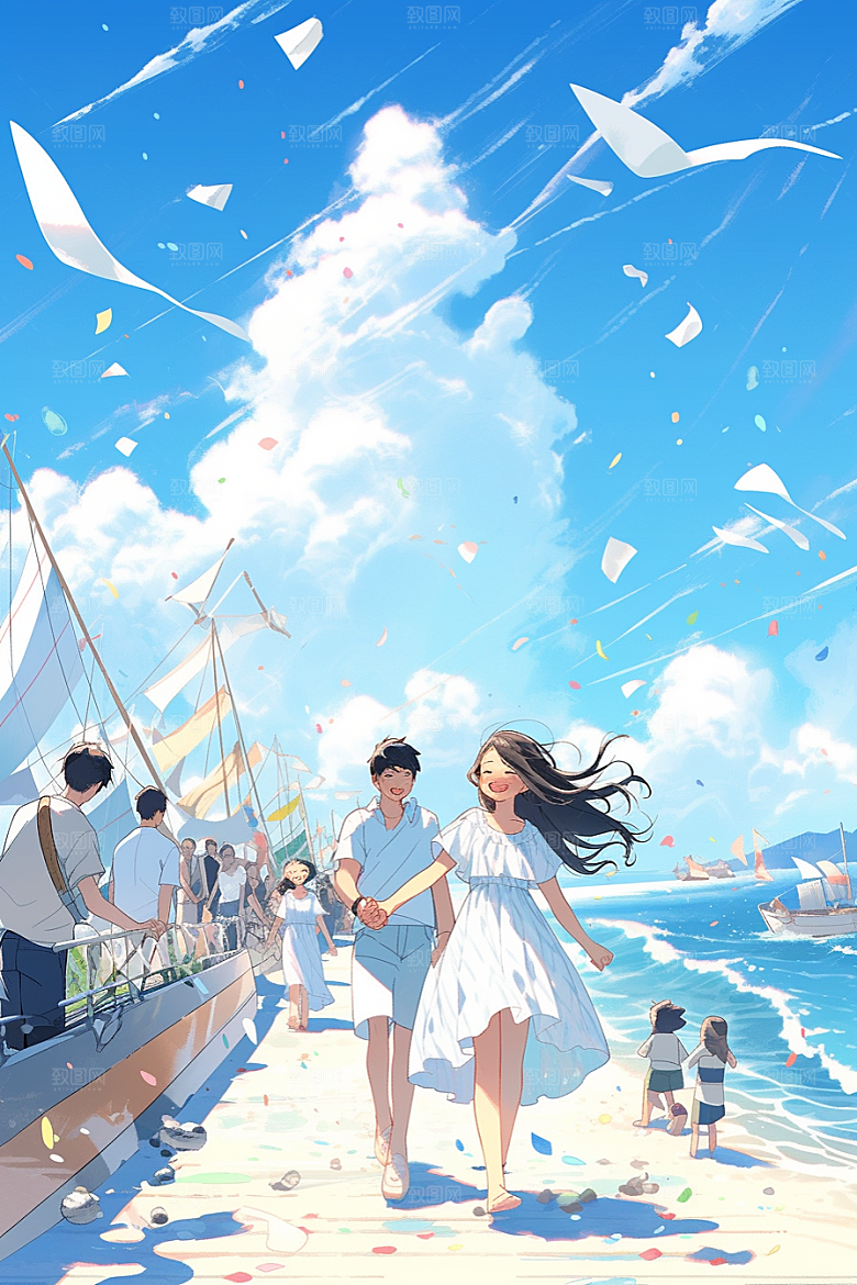 学生放暑假结业毕业旅游插画