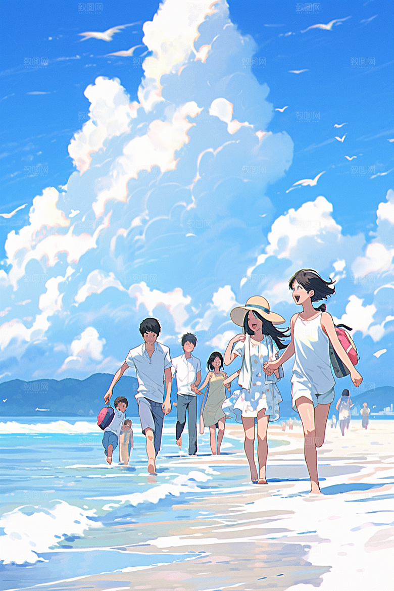 学生放暑假旅游夏天插画