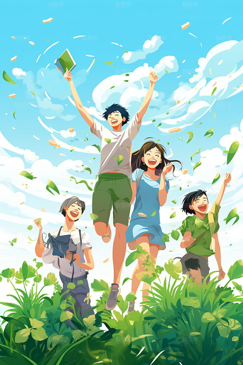学生放暑假旅游漫画风插画