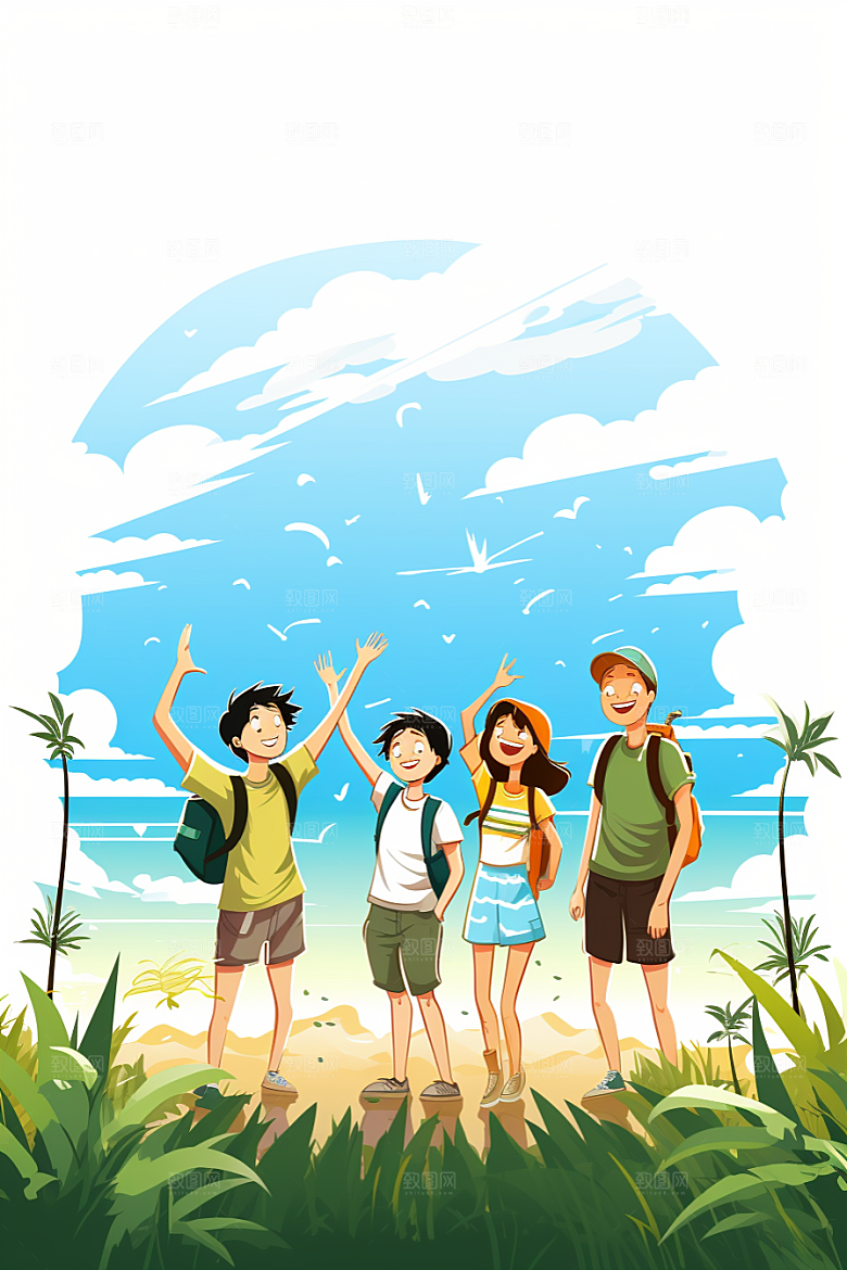 学生放暑假放假了结伴插画