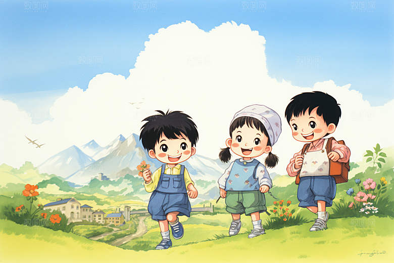 学生放暑假快乐旅游插画
