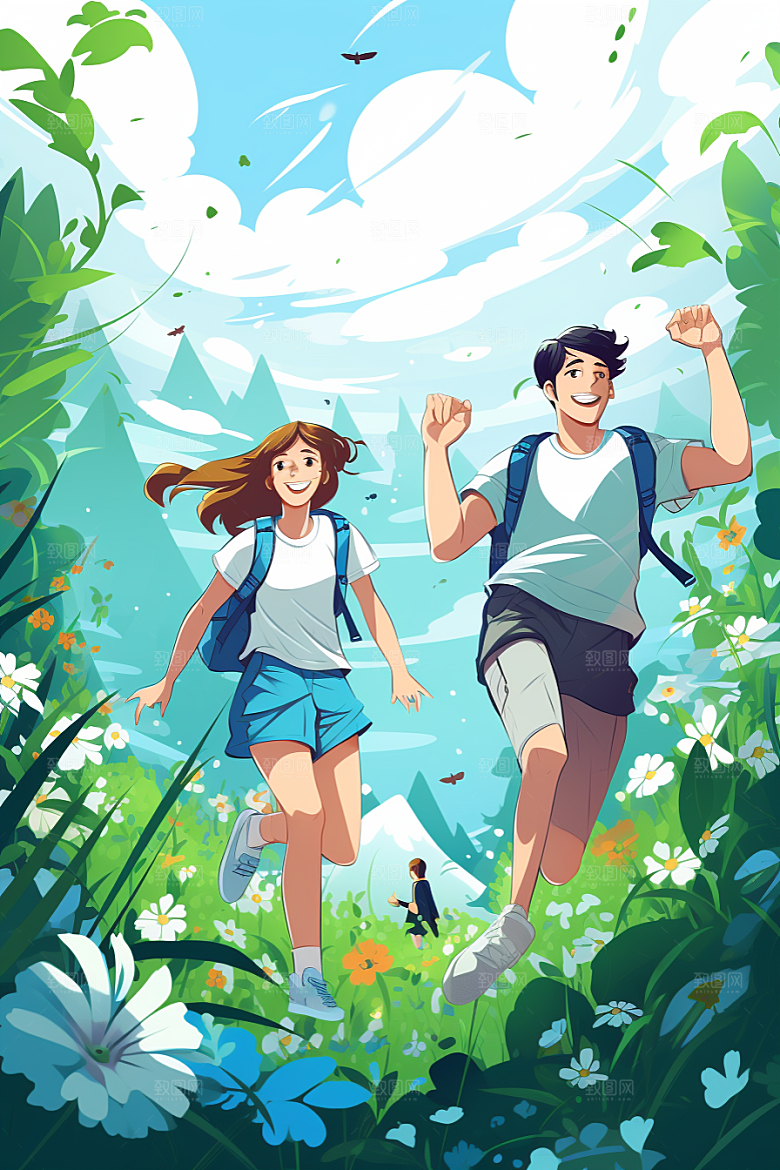 学生放暑假放假了毕业旅游插画