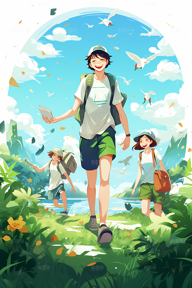学生放暑假放假了夏天插画