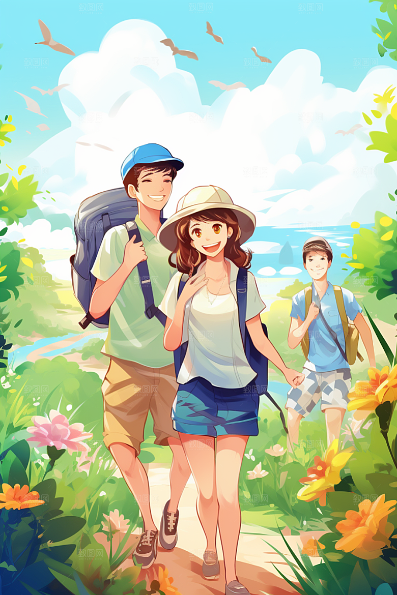 学生放暑假快乐旅游插画