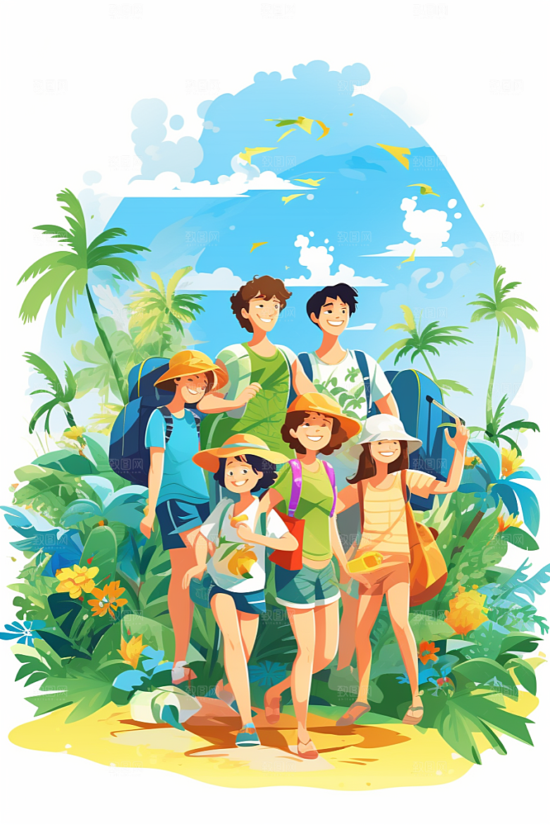 学生放暑假手绘旅游插画