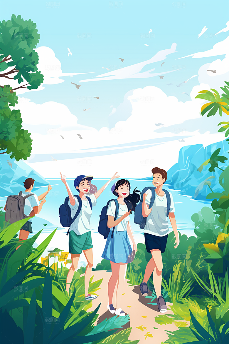 学生放暑假出游毕业旅游插画