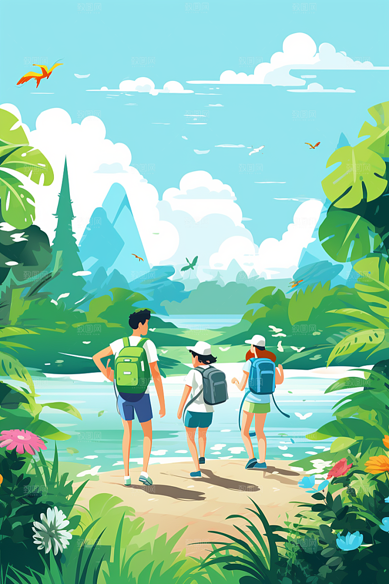 学生放暑假结业夏天插画