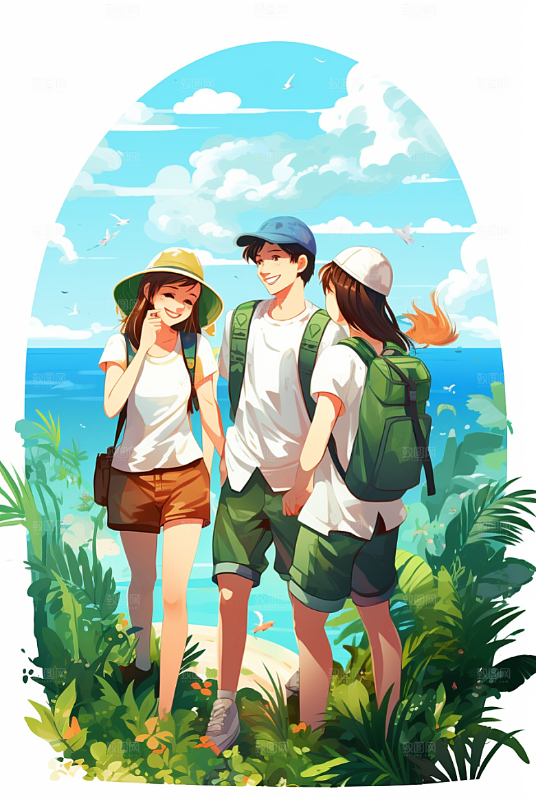 学生放暑假手绘结伴插画