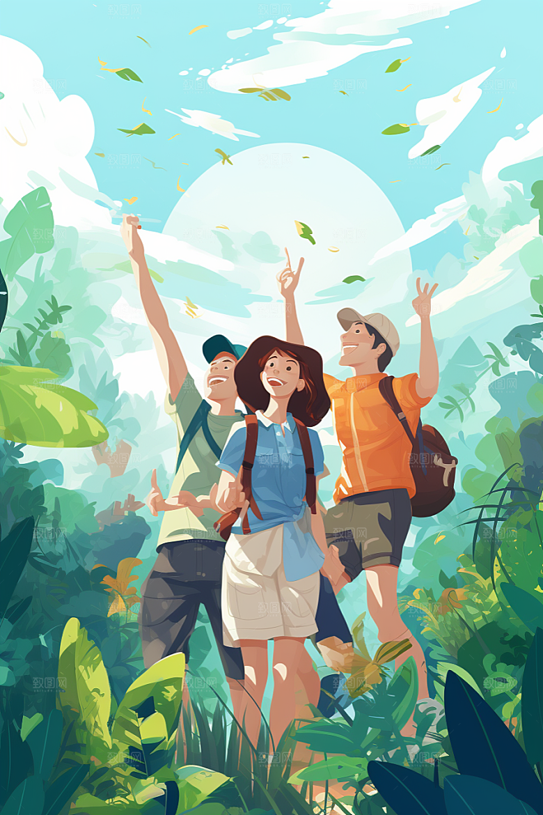 学生放暑假出游旅游插画