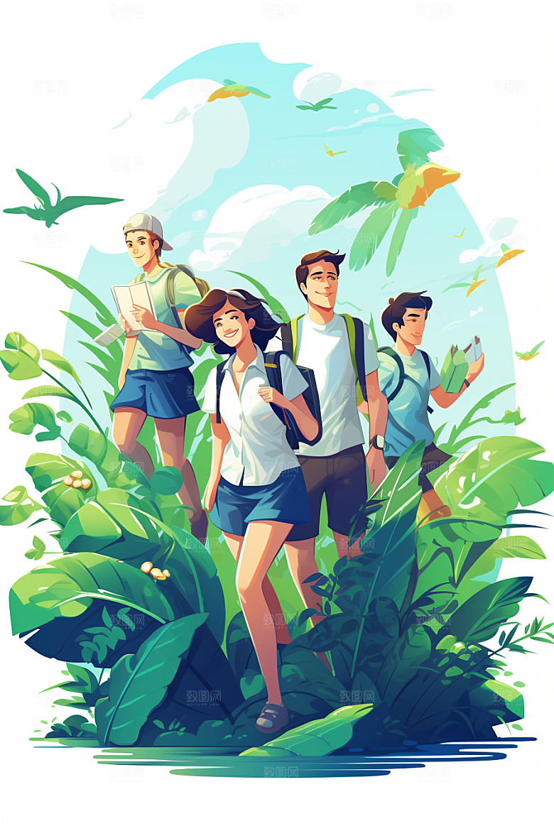学生放暑假夏季结伴插画