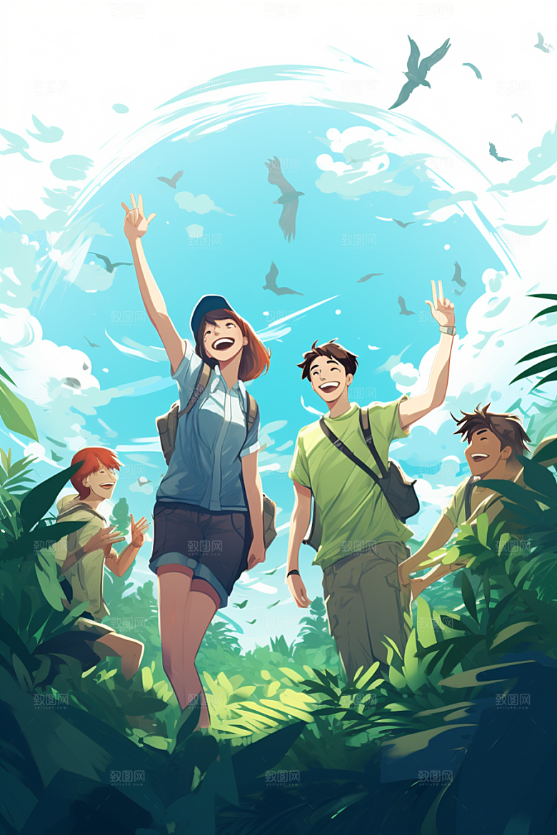 学生放暑假漫画风夏季插画