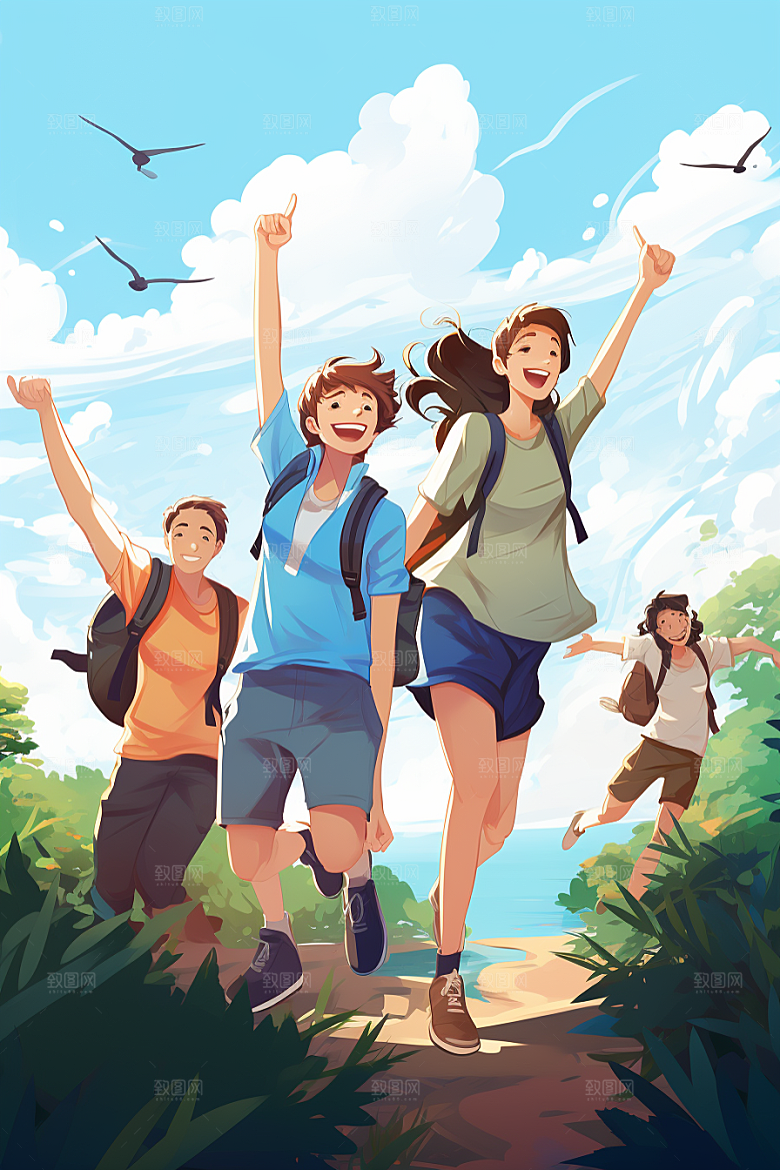学生放暑假出游手绘插画