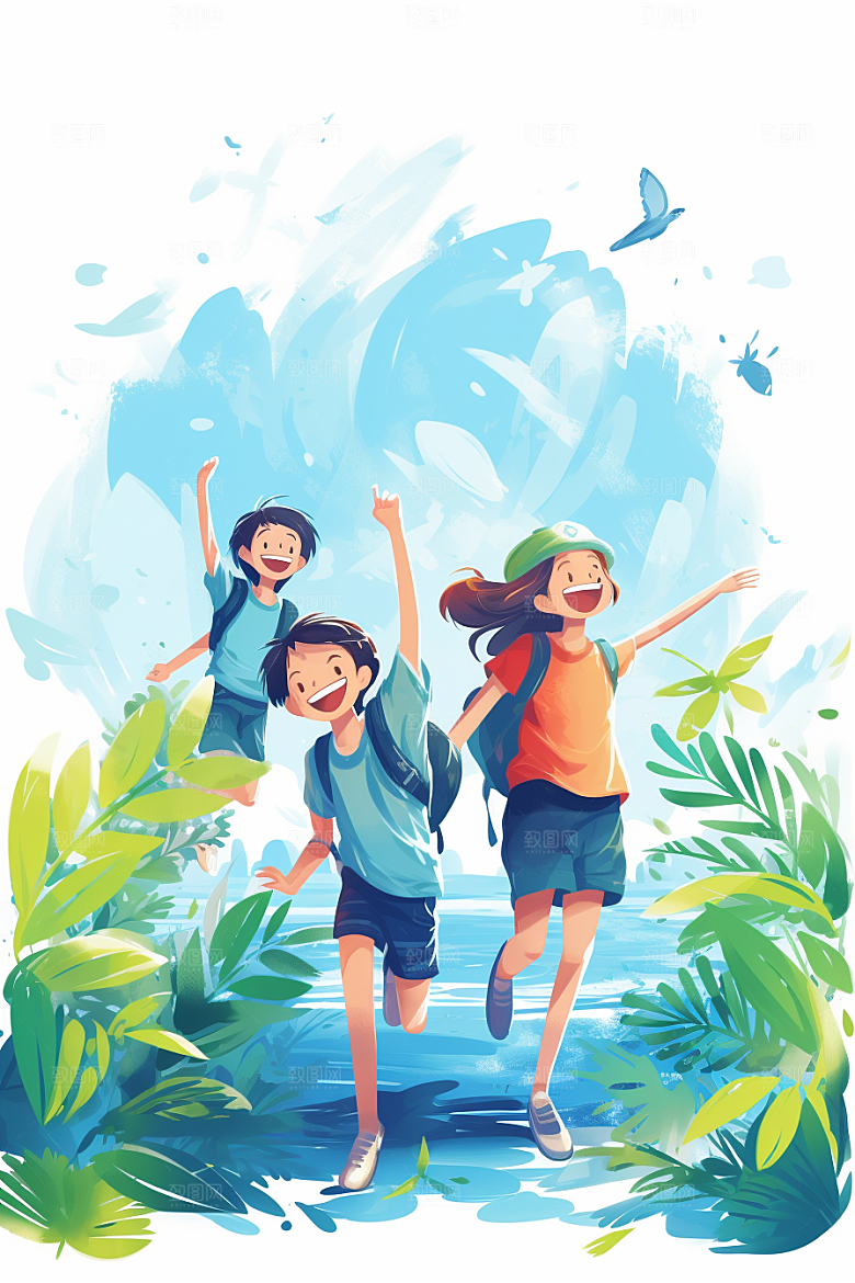 学生放暑假出游结伴插画