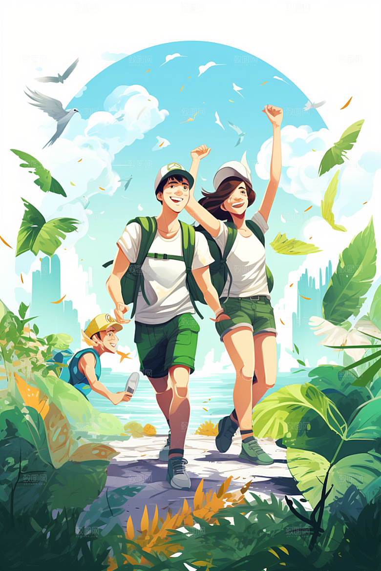 学生放暑假结伴手绘插画