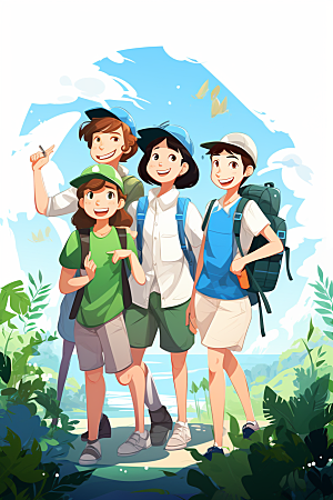 学生放暑假夏天旅游插画