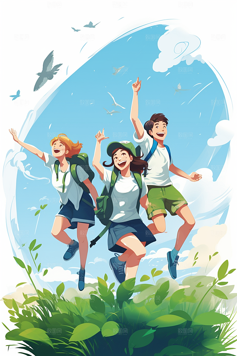 学生放暑假夏季出游插画