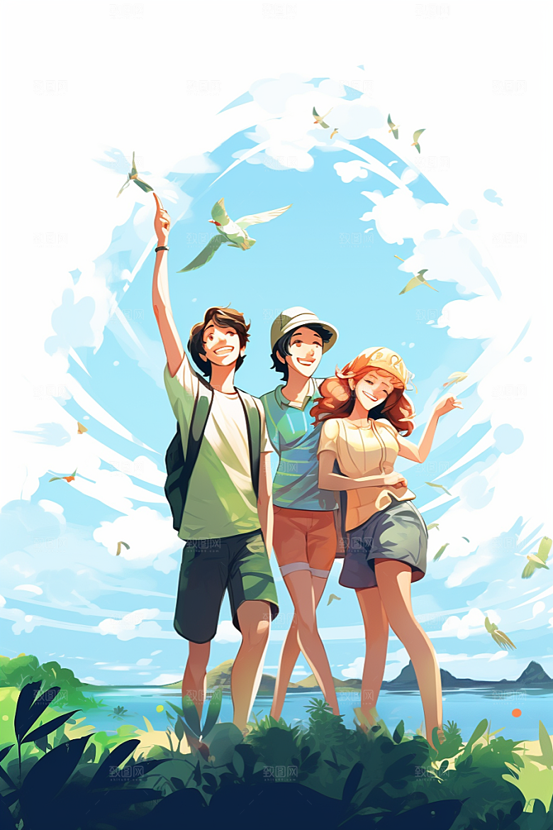 学生放暑假漫画风旅游插画