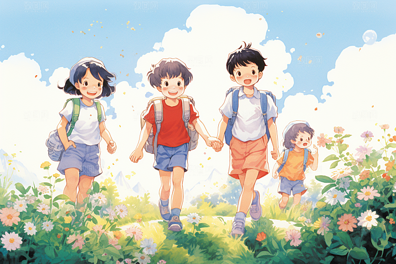 学生放暑假出游旅游插画