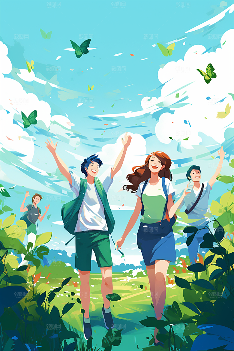 学生放暑假漫画风结业插画