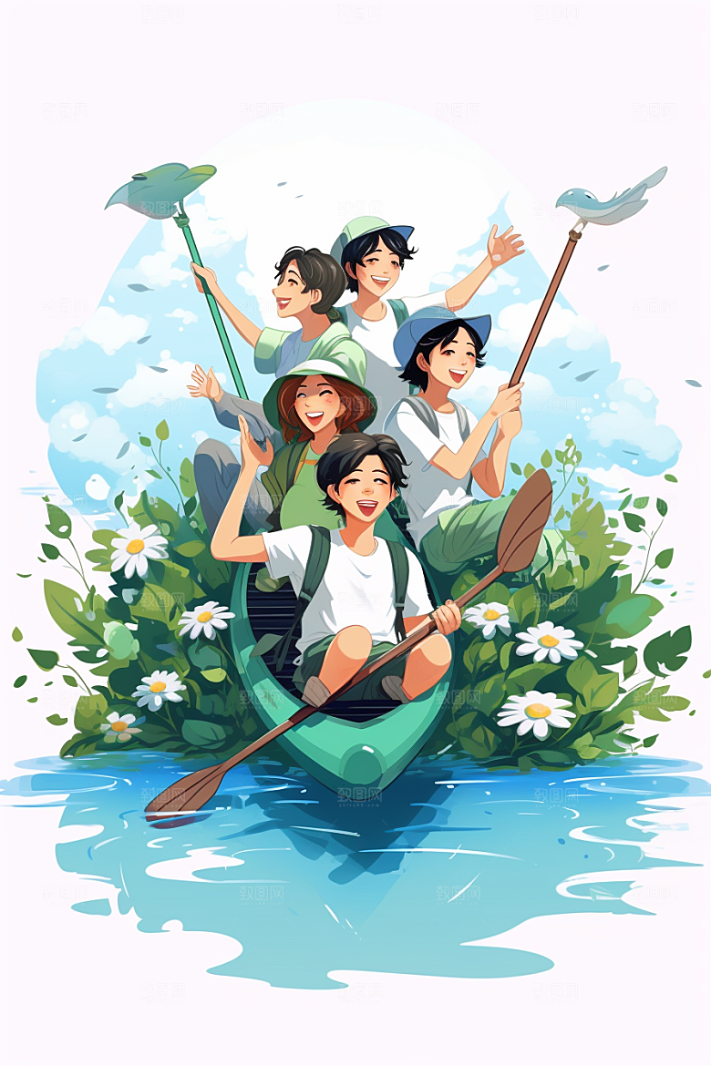 学生放暑假出游旅游插画